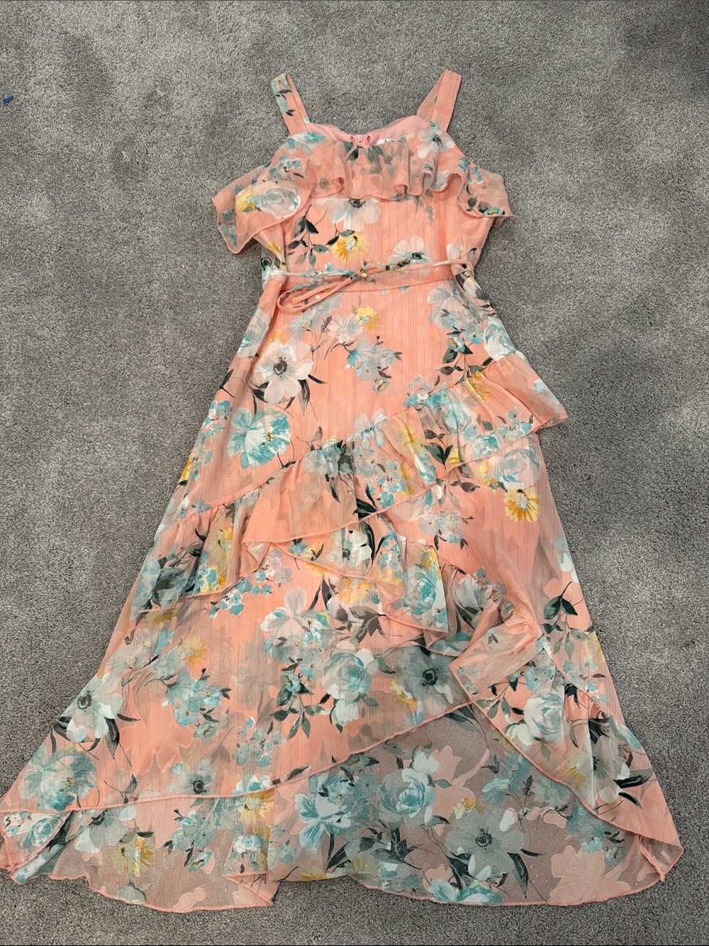 Speechless Pink Floral Ruffle Maxi Dress with matching cropped cardigan.